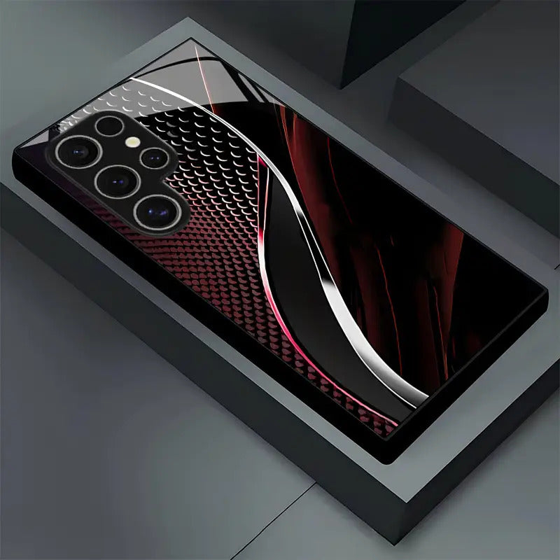 Red & Black Wave Glass Phone Case for Samsung Galaxy S25/S24/S23/S22/S20 & A Series – Stylish Tempered Glass Minimalist Cover for Couples, High-End Multifunctional Design