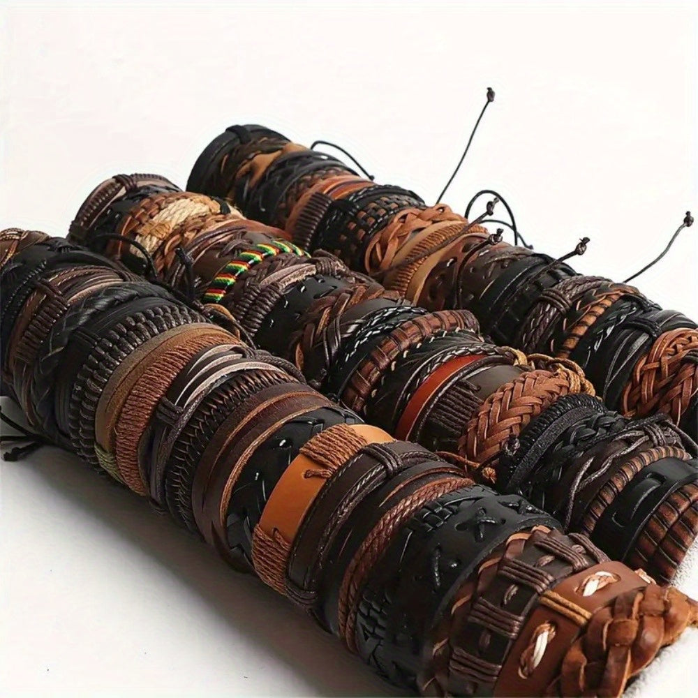 10pcs Mixed-Color Hand-Woven Bracelet Set – Retro Ethnic Vintage Style Unisex Artificial Leather Bracelets for Casual Wear & Halloween Gifts