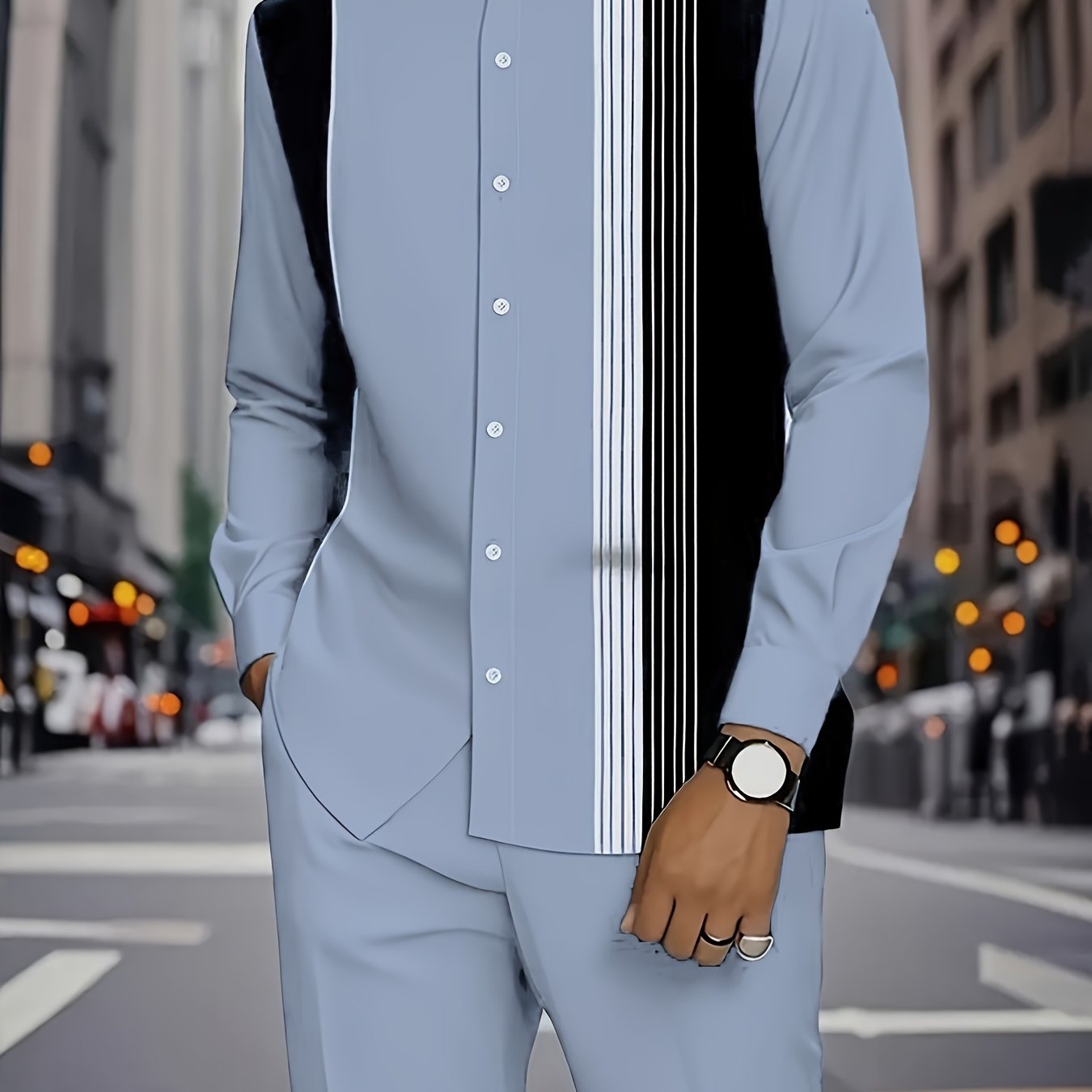 2025 Autumn Men’s Light Blue Striped Casual Suit – Stand Collar Long-Sleeve Shirt & Trousers Set for Daily Wear & Work