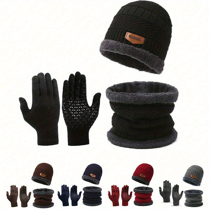 3pcs Unisex Winter Hat & Gloves Set – Furry Lined Adjustable Cap with Lightweight Gloves for Cycling & Outdoor Activities