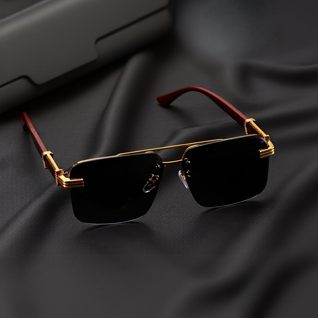 Men's semi-rimless business glasses - wood grain temple and lightweight metal frame Fashion Glasses, suitable for driving, travel self-driving, festivals and daily wear, fashion gift recommendation