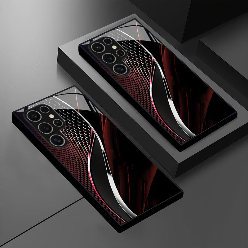 Red & Black Wave Glass Phone Case for Samsung Galaxy S25/S24/S23/S22/S20 & A Series – Stylish Tempered Glass Minimalist Cover for Couples, High-End Multifunctional Design