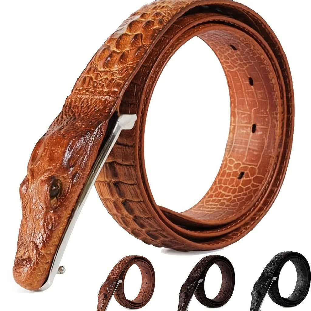 Men’s Crocodile Pattern Embossed Leather Belt – Black Two-Layer Cowhide Belt with Animal Buckle, Casual Fashion Waist Belt for Jeans & Dress Pants