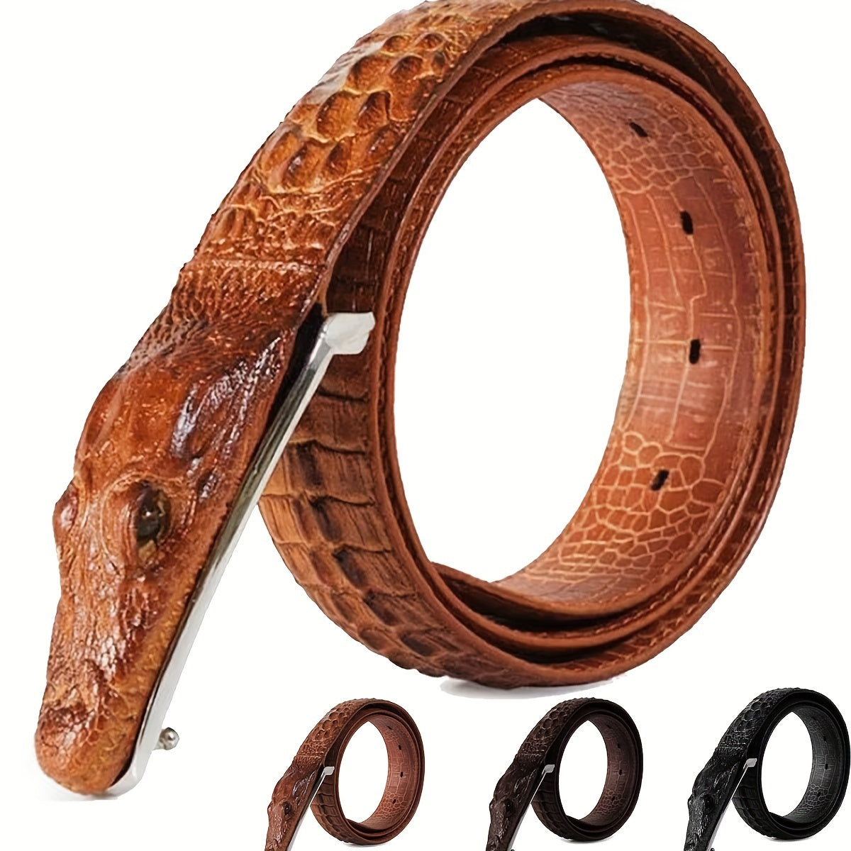 Men’s Crocodile Pattern Embossed Leather Belt – Black Two-Layer Cowhide Belt with Animal Buckle, Casual Fashion Waist Belt for Jeans & Dress Pants