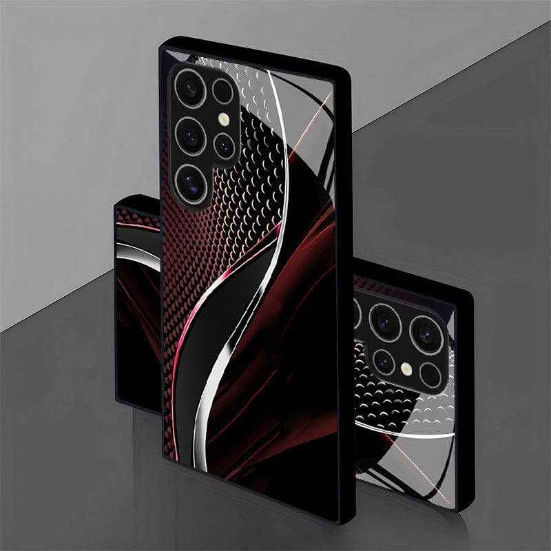 Red & Black Wave Glass Phone Case for Samsung Galaxy S25/S24/S23/S22/S20 & A Series – Stylish Tempered Glass Minimalist Cover for Couples, High-End Multifunctional Design