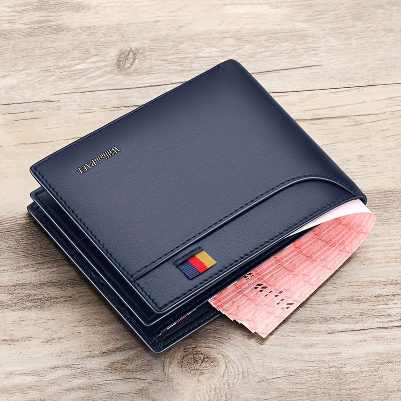 WilliamPAUL Men’s Slim Wallet – Blue Top-Grain Leather with Black & Golden Contrast Stitching, Card Holder, Coin Pocket & Document Organizer