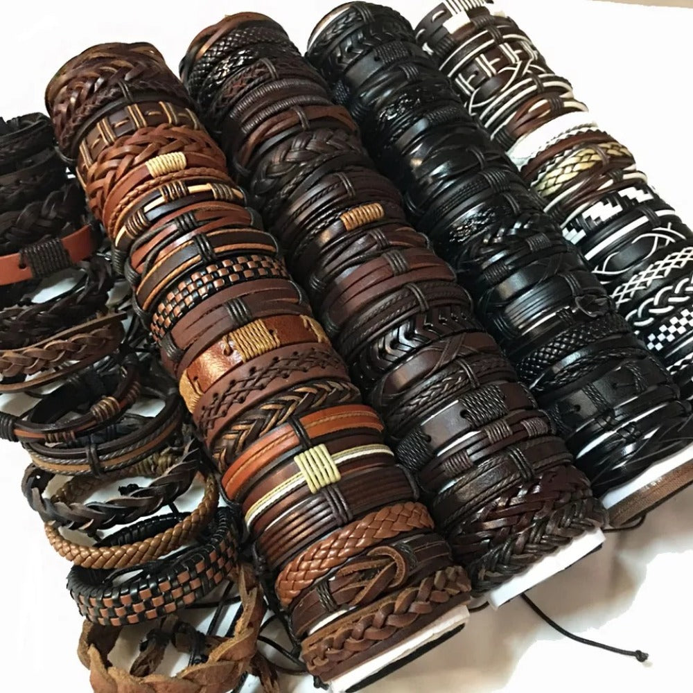 10pcs Mixed-Color Hand-Woven Bracelet Set – Retro Ethnic Vintage Style Unisex Artificial Leather Bracelets for Casual Wear & Halloween Gifts