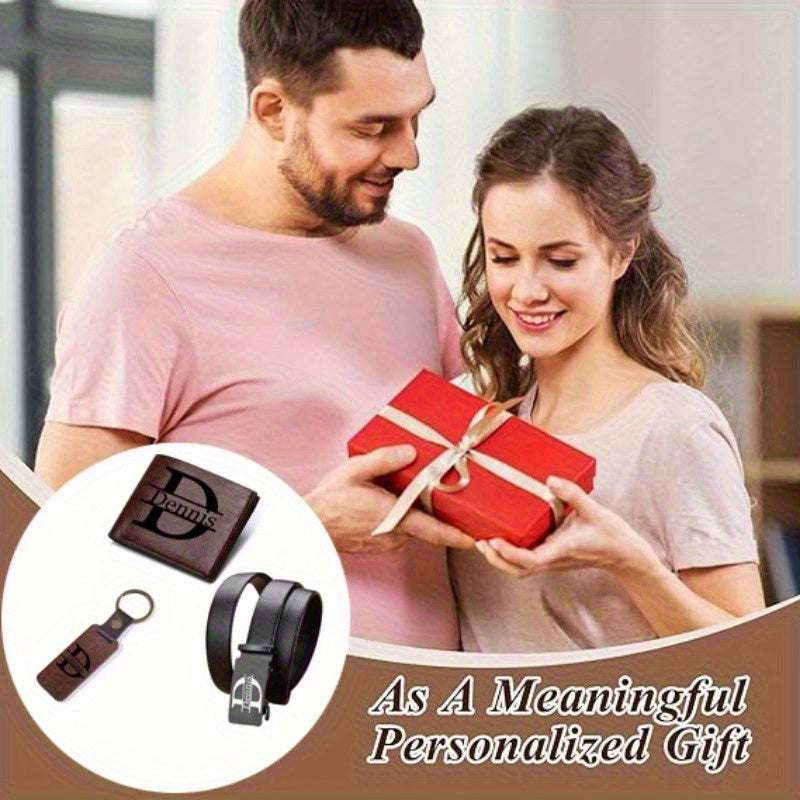 3pcs Custom Men’s Wallet, Belt & Keychain Gift Set – Personalized Name/Letter PU Leather Set for Father’s Day, Weddings, Birthdays & Graduation – Unique Gift for Son, Boyfriend, Friend & Classmate