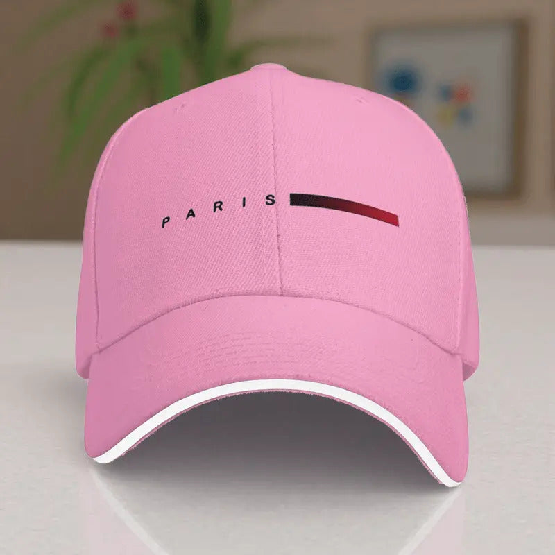 Unisex Paris Print Adjustable Baseball Cap – Blue & Red Striped PVC-Coated Sun-Proof Streetwear Hat for Men & Women