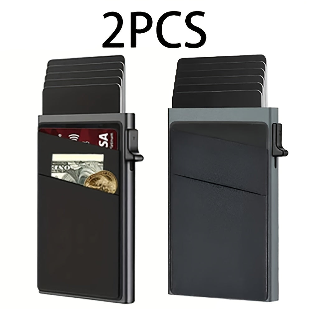 2pcs Ultra-Slim RFID Blocking Multifunctional Wallet, Credit Card Holder for Men - Automatic Pop-Up Card Holder with Money Pocket, Aluminum Alloy Minimalist Business Anti-Degaussing Credit Card Case for Notes, Coins, And Card