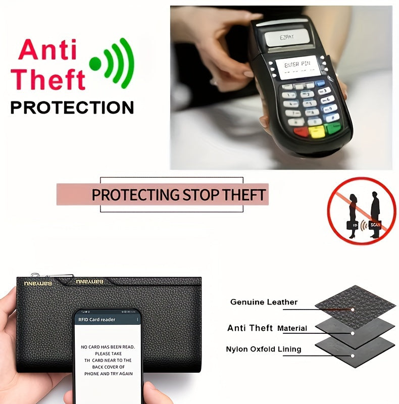 BANYANU Top Grain Leather Zipper Wallet – Large Capacity Multi-Card Holder with Lanyard, Faux Leather Lining & ID Window for Men and Women