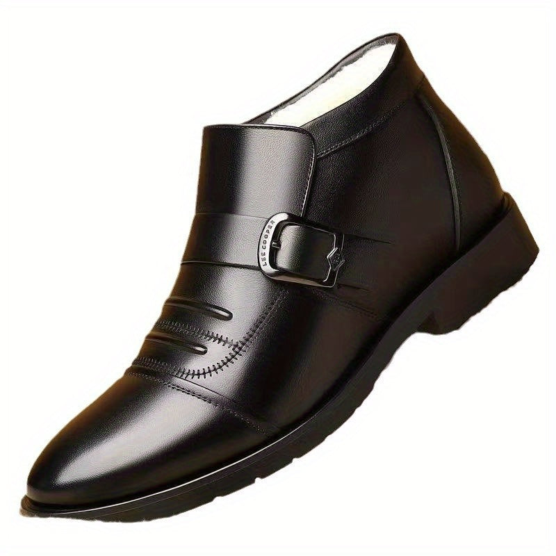 Men'S Winter Work Boots - Slip-On Business Casual Shoes with Non-Slip Rubber Sole, Warm Fleece Lining - Pointed Toe Formal & Everyday Boots for Elderly, Office, Wedding, Party - Easy-Clean Black Boots, Office Footwear, Sleek