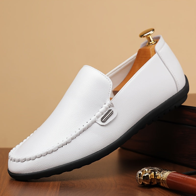 Men’s Business Casual Leather Loafers – Pointed Toe Slip-On Dress Shoes with Rubber Sole, All-Season Minimalist Office & Party Shoes (White)