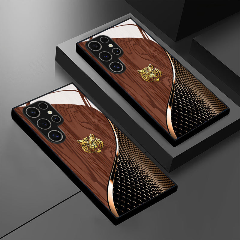 Golden Tiger Wood Grain Tempered Glass Case for Samsung Galaxy S25/S24/S23/S22/S20 & A Series – Luxury Metal Bling Designer Phone Cover/case.