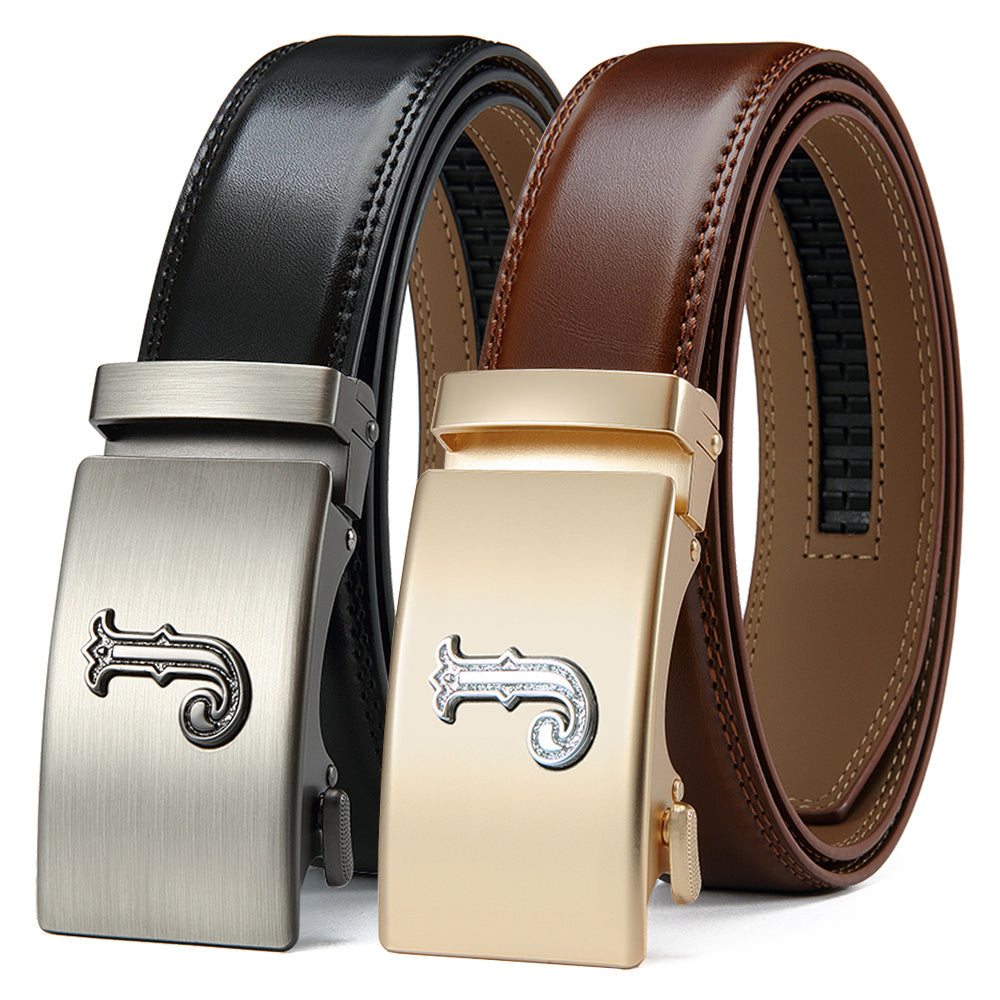 2pcs Men’s Leather Ratchet Belt Set – Black & Brown Automatic Buckle Dress Belts for Jeans, Suits & Casual Pants, Perfect Men’s Gift for Any Occasion