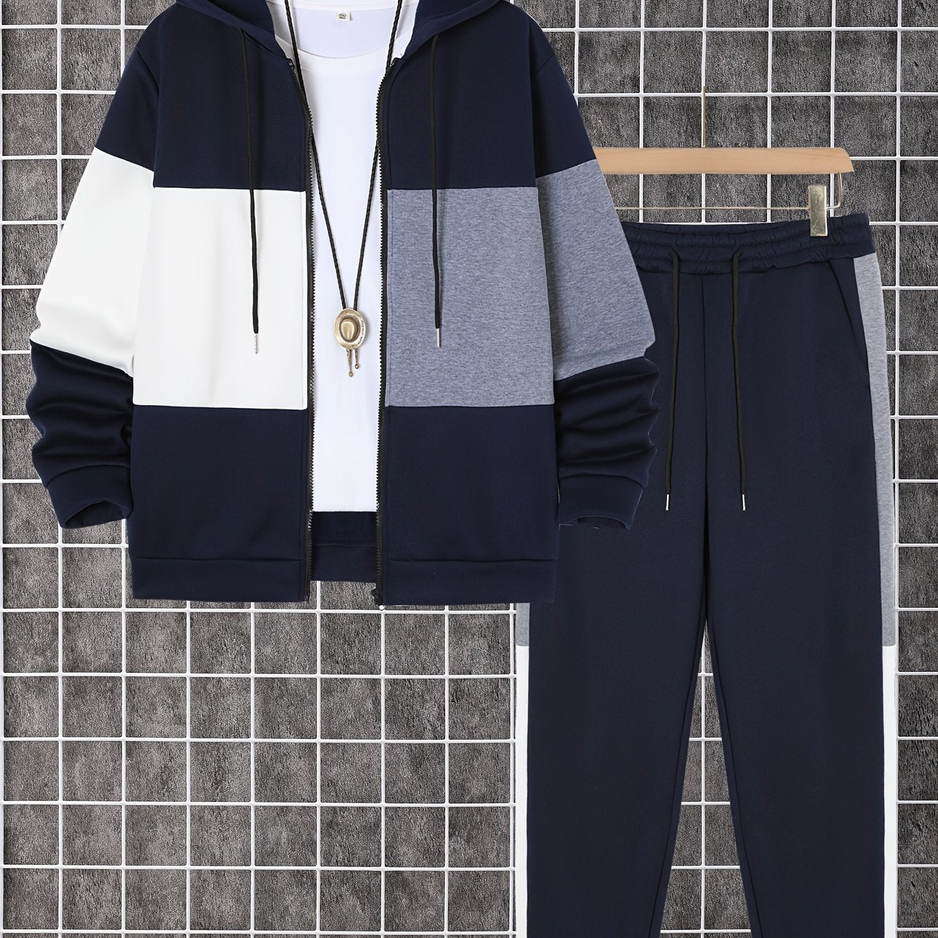 Men's clothing, two-piece set of contrasting color long-sleeved zippered hooded jacket and drawstring pants, suitable for outdoor activities