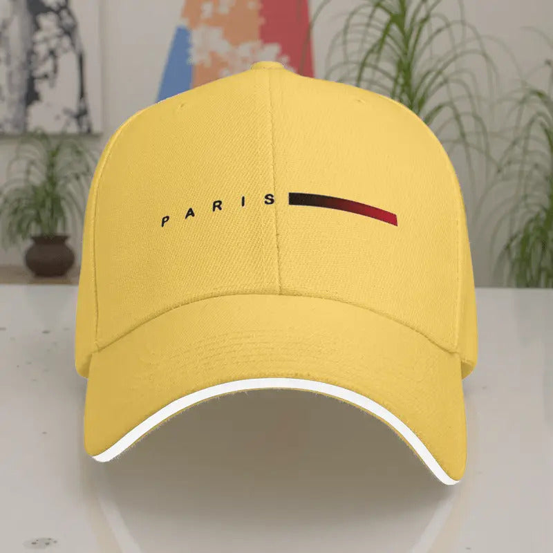 Unisex Paris Print Adjustable Baseball Cap – Blue & Red Striped PVC-Coated Sun-Proof Streetwear Hat for Men & Women