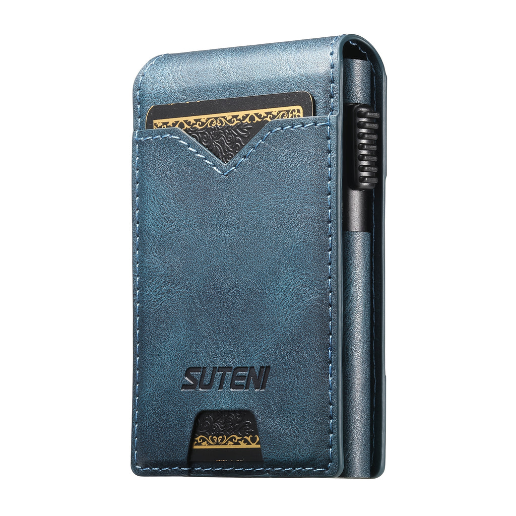 SUTENI Men’s Automatic Card Ejector Wallet – Light Brown Oil-Wax Faux Leather Business Wallet with Flip Cover, Photo Slot & Multiple Card Slots
