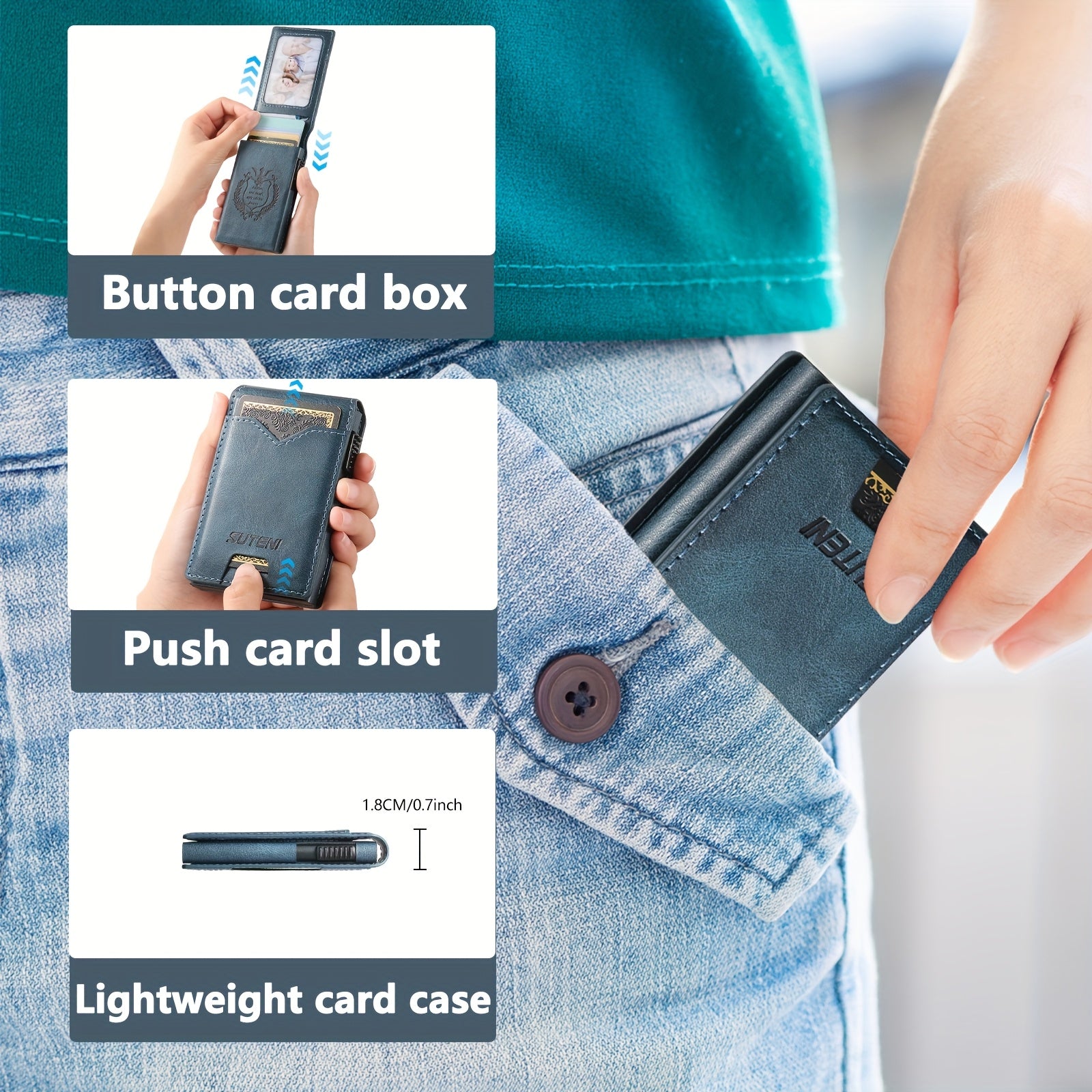 SUTENI Men’s Automatic Card Ejector Wallet – Light Brown Oil-Wax Faux Leather Business Wallet with Flip Cover, Photo Slot & Multiple Card Slots