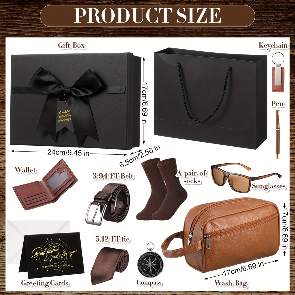 12-Piece Men’s & Father’s Day Gift Set – Brown PU Leather Wallet, Toiletry Bag, Tie, Socks, Belt, Keychain, Glasses, Pen & Compass in Gift Box