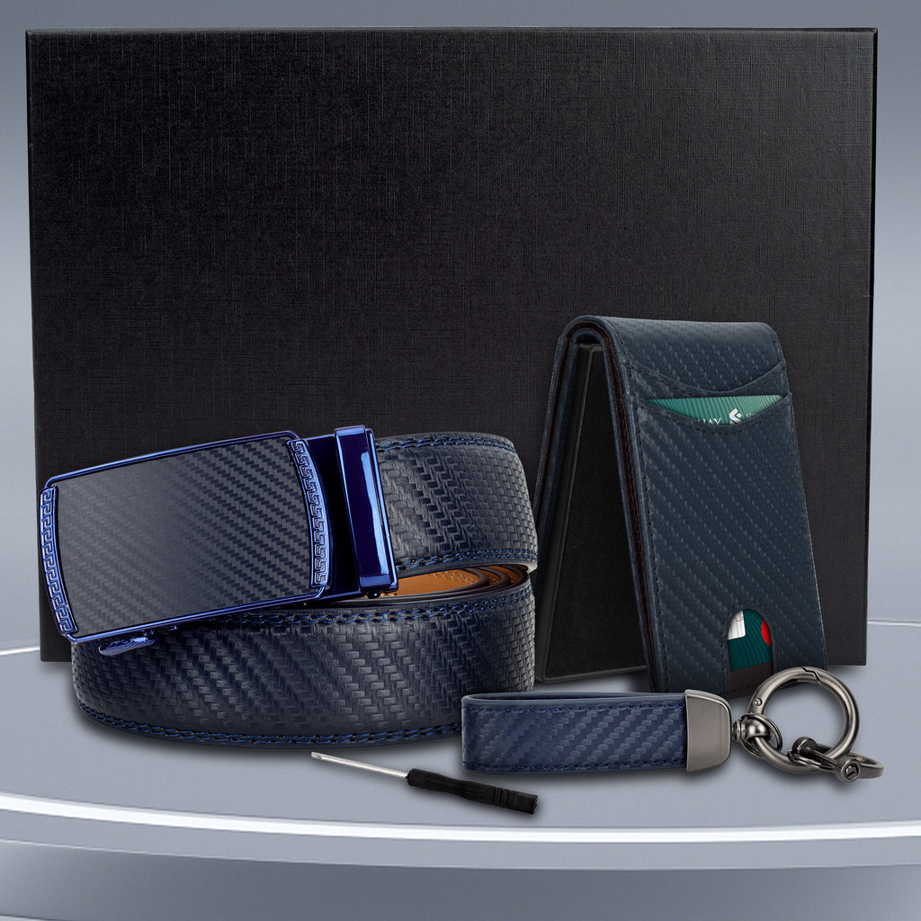 4pcs Men’s Top-Grain Leather Ratchet Belt & Wallet Gift Set – Blue Wallet, Keychain & Gift Box – Perfect Birthday, Father’s Day, Graduation & Valentine’s Day Present