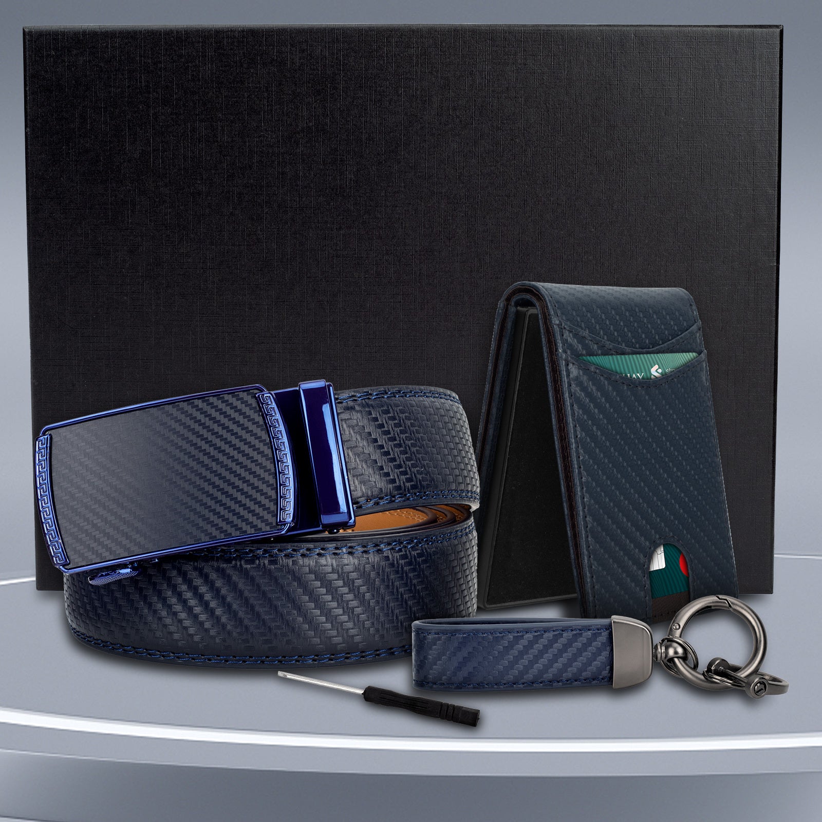 4pcs Men’s Top-Grain Leather Ratchet Belt & Wallet Gift Set – Blue Wallet, Keychain & Gift Box – Perfect Birthday, Father’s Day, Graduation & Valentine’s Day Present