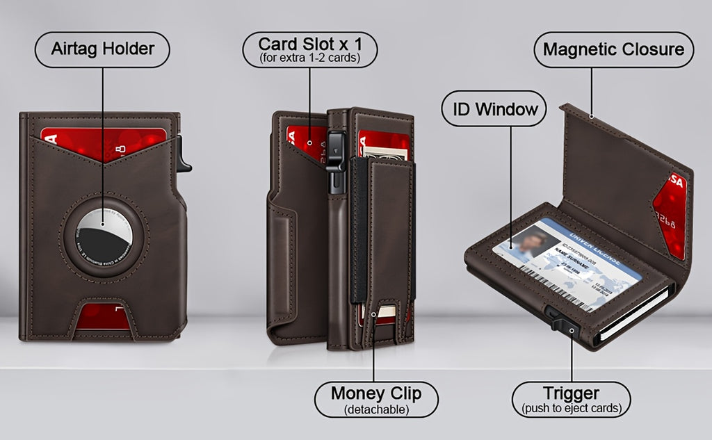 Men’s RFID Blocking Smart Bifold Wallet – Coffee Brown Microfiber Leather, Aluminum Card Holder, Elastic Cash Slot & Magnetic Closure