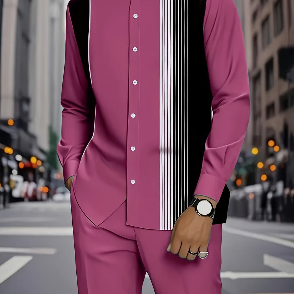 2025 Autumn Men’s Rose Red Striped Ethnic Casual Suit – Stand Collar Long-Sleeve Shirt & Trousers Set for Work & Daily Wear