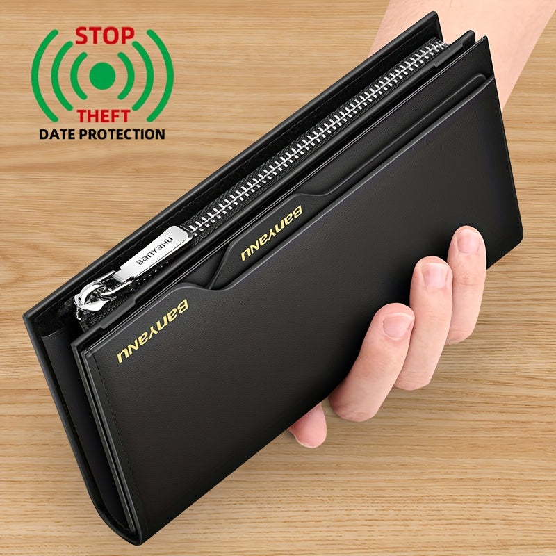 BANYANU Men’s RFID Blocking Long Leather Wallet – Top Grain Clutch with 25 Card Slots, Phone Pocket, Wristlet & Snap Closure