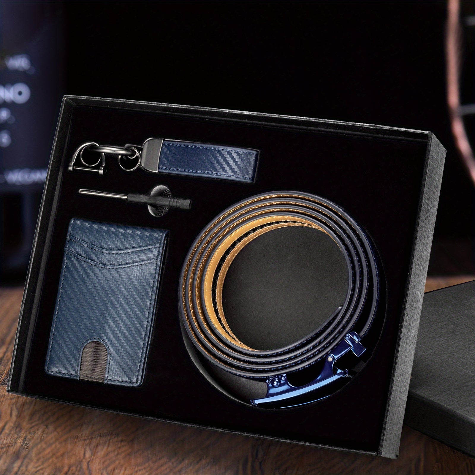 4pcs Men’s Top-Grain Leather Ratchet Belt & Wallet Gift Set – Blue Wallet, Keychain & Gift Box – Perfect Birthday, Father’s Day, Graduation & Valentine’s Day Present