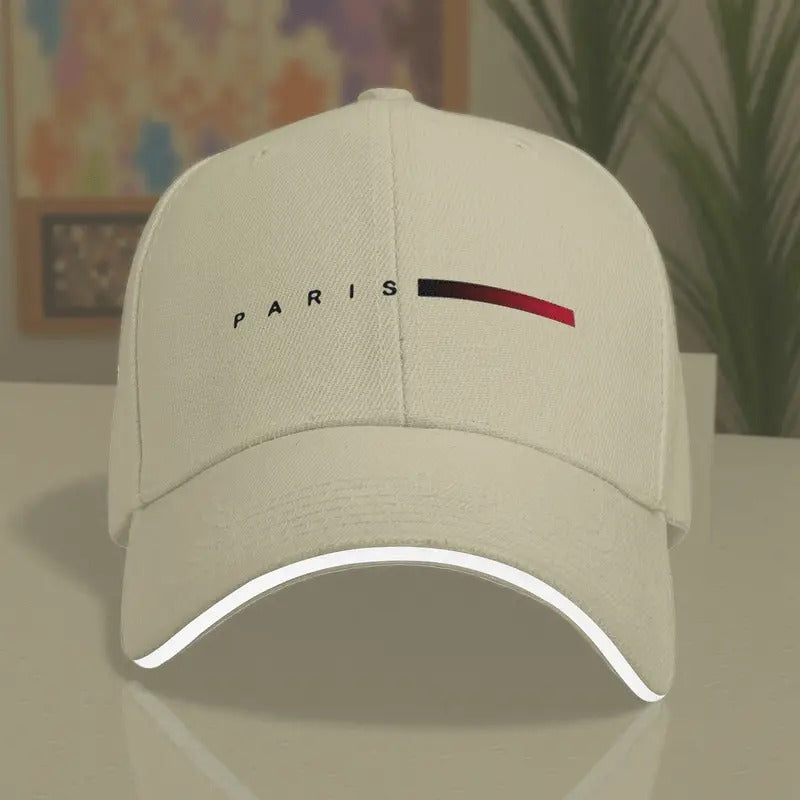 Unisex Paris Print Adjustable Baseball Cap – Blue & Red Striped PVC-Coated Sun-Proof Streetwear Hat for Men & Women