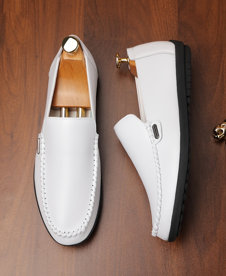 Men’s Business Casual Leather Loafers – Pointed Toe Slip-On Dress Shoes with Rubber Sole, All-Season Minimalist Office & Party Shoes (White)