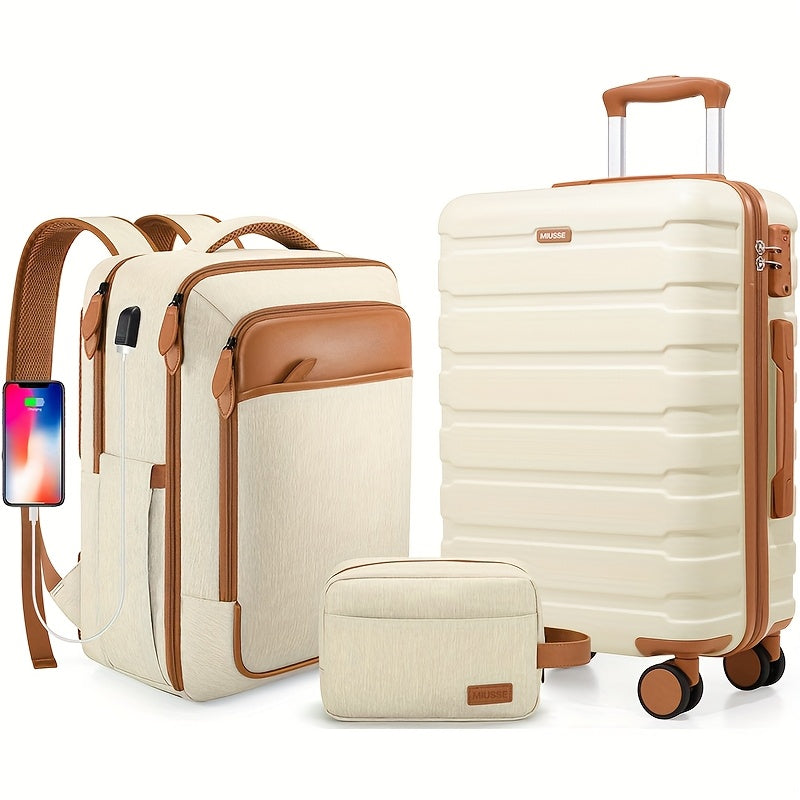 Luggage Sets 3pcs, Carry On Luggage 20 Inch With Spinner Wheels, PC Hardside Suitcase Set With TSA Lock, Durable Carry On Suitcase With Travel Backpack For Men Women