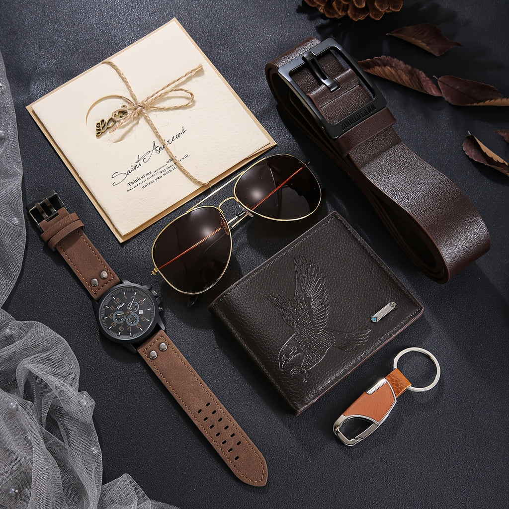 7-Piece Men’s Vintage Watch Gift Set – PU Leather Watch, Wallet, Belt, Glasses, Keychain, LED Light & Greeting Card in Gift Box – Perfect Birthday, Anniversary & Father’s Day Present