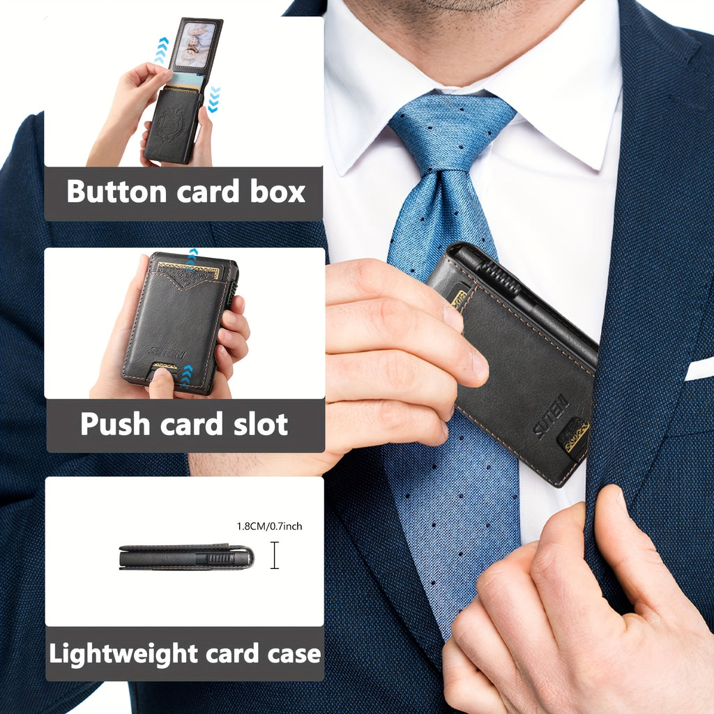 SUTENI Men’s Automatic Card Ejector Wallet – Light Brown Oil-Wax Faux Leather Business Wallet with Flip Cover, Photo Slot & Multiple Card Slots