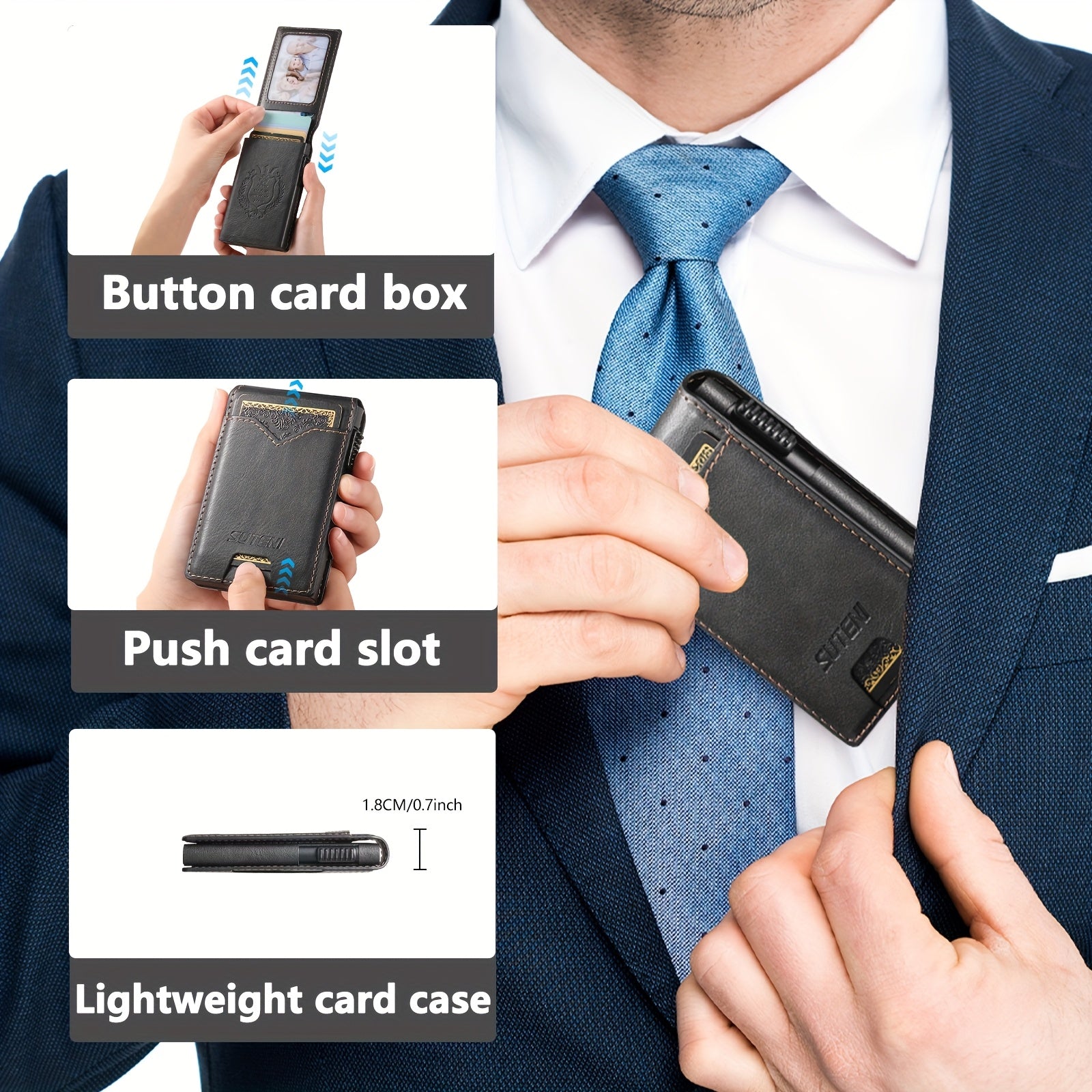 SUTENI Men’s Automatic Card Ejector Wallet – Light Brown Oil-Wax Faux Leather Business Wallet with Flip Cover, Photo Slot & Multiple Card Slots