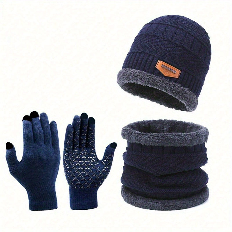 3pcs Unisex Winter Hat & Gloves Set – Furry Lined Adjustable Cap with Lightweight Gloves for Cycling & Outdoor Activities