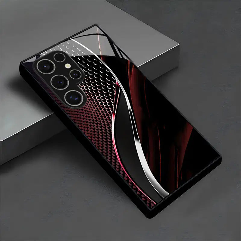 Red & Black Wave Glass Phone Case for Samsung Galaxy S25/S24/S23/S22/S20 & A Series – Stylish Tempered Glass Minimalist Cover for Couples, High-End Multifunctional Design