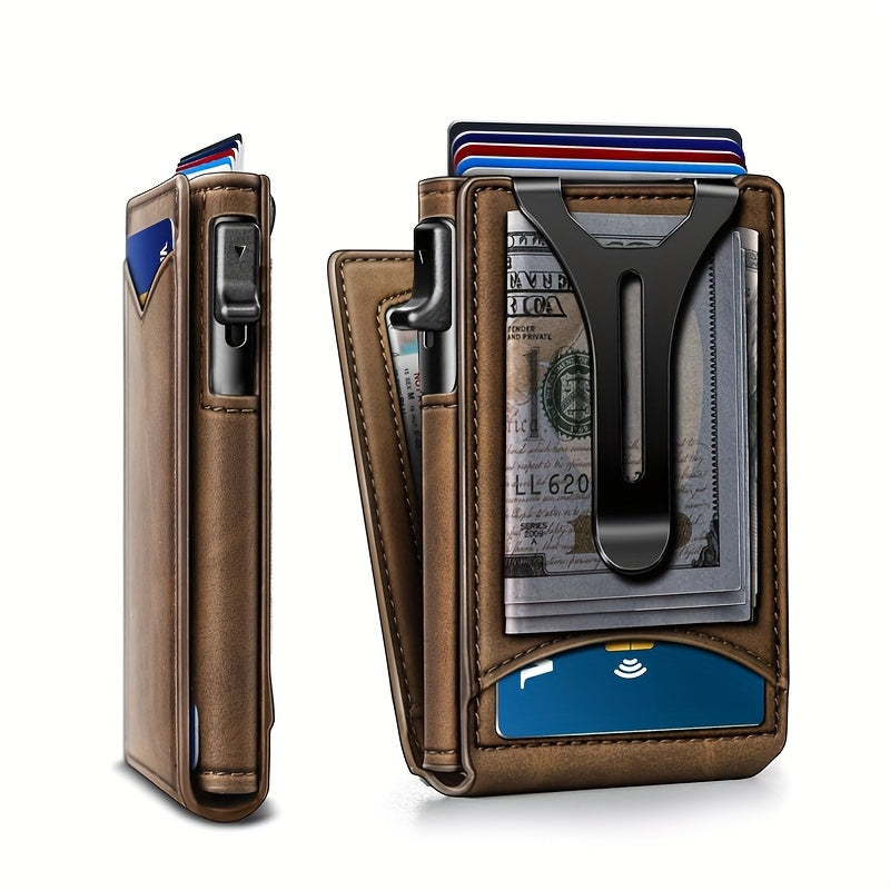 Men’s Burgundy RFID Blocking Metal Wallet – Ultra-Thin Pop-Up Aluminum-Style Cardholder with Cash Pocket & ID Slot for Everyday Carry, Business & Travel