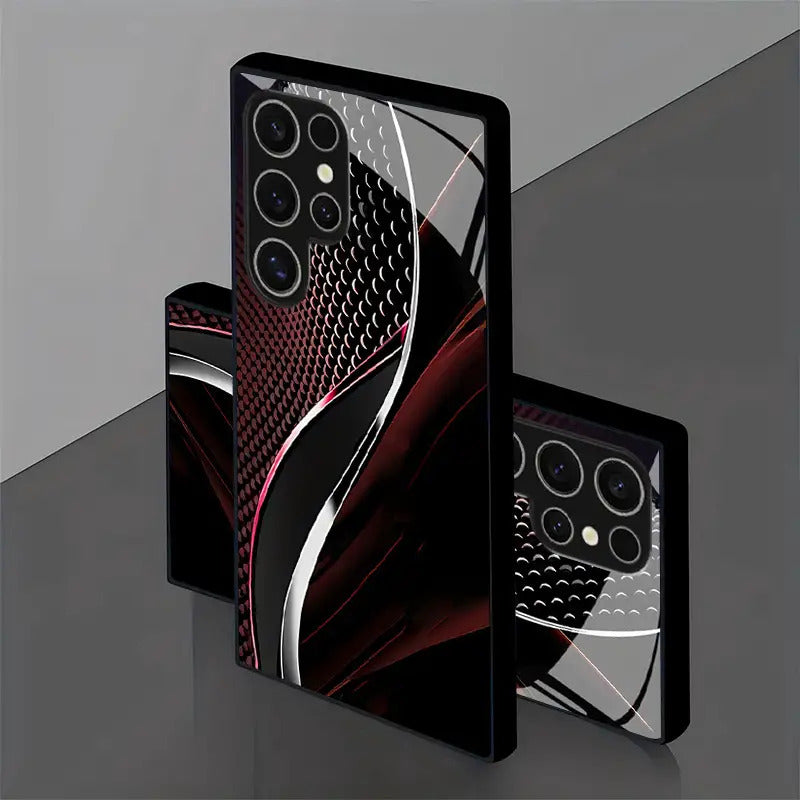 Red & Black Wave Glass Phone Case for Samsung Galaxy S25/S24/S23/S22/S20 & A Series – Stylish Tempered Glass Minimalist Cover for Couples, High-End Multifunctional Design