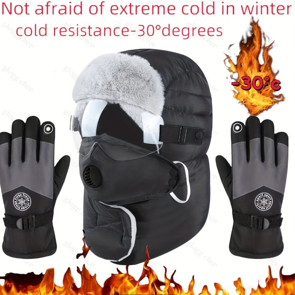 2pcs Set Winter Cycling Hat & Gloves – Fleece-Lined Earflap Face Mask Hat with Neck Warmer & Thickened Unisex Ski Gloves, Outdoor Sports Cold Weather Set