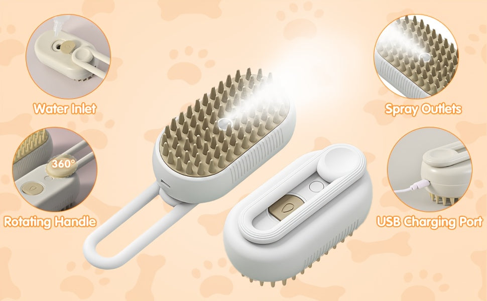 2025 Upgraded TEDDY RUN 4-in-1 Pet Steam Brush – Self-Cleaning Deshedding Comb with Spray, Anti-Static Grooming Tool for Cats & Dogs, USB Rechargeable Rubber Bristle Brush
