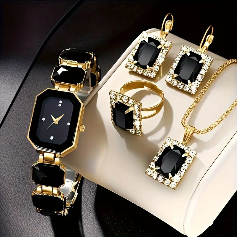 DITURUBY 5pcs Luxury Bohemian Women’s Jewelry & Watch Set – 14K Gold Plated Boho Necklace, Earrings, Ring & Dress Watch for Daily Wear & Party Outfits