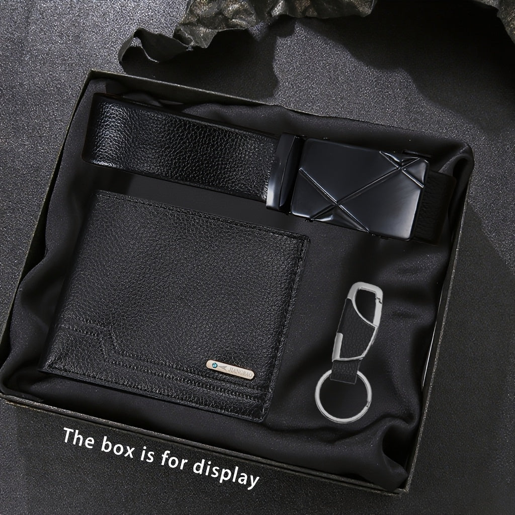 3-Piece Men’s Wallet, Belt & Keychain Set – Black PU Leather Casual Fashion Gift for Valentine’s Day, Anniversary & Daily Wear