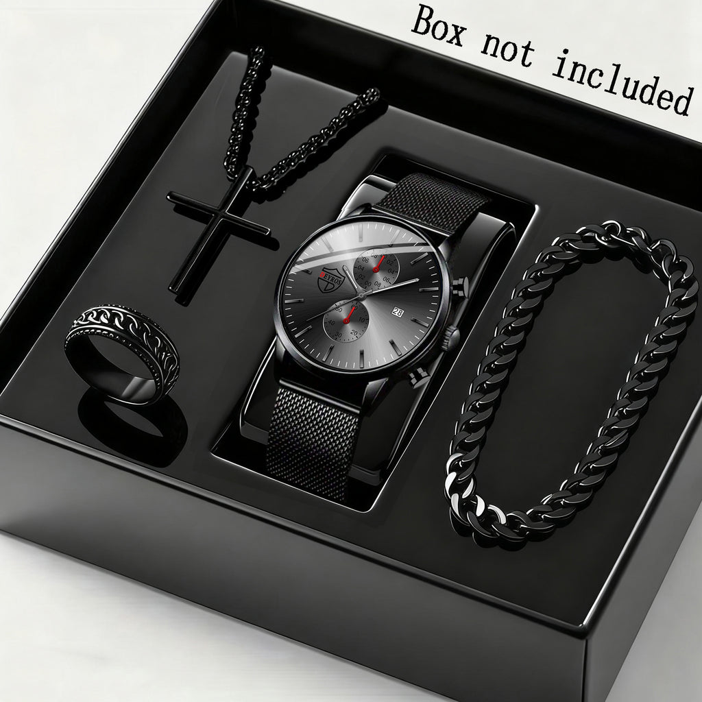 4pcs Men’s Stainless Steel Quartz Watch & Bracelet Gift Set – Analog Date Display Dress & Casual Watch, Matching Bracelets for Business & Everyday Wear, Perfect Gift for Dad, Husband or Boyfriend