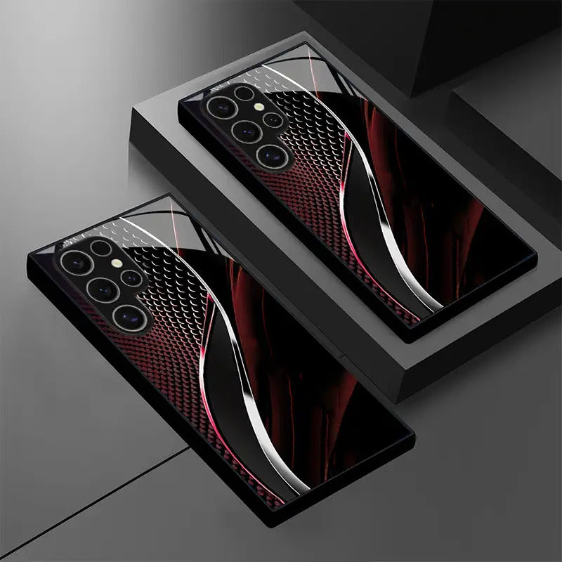 Red & Black Wave Glass Phone Case for Samsung Galaxy S25/S24/S23/S22/S20 & A Series – Stylish Tempered Glass Minimalist Cover for Couples, High-End Multifunctional Design