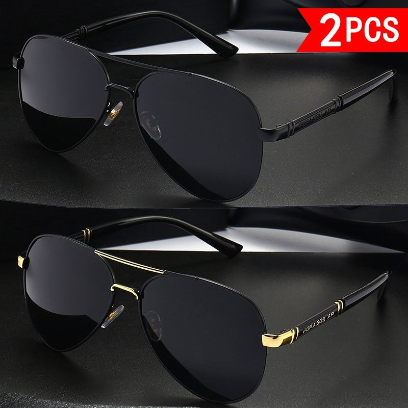 2pcs Polarized Metal Fashion Sunglasses for Men and Women. Classic Elliptical Frame Design. High-definition Sun Protection Sunglasses That Block UV Rays. Suitable for Daily Leisure, Outdoor Activities, Fishing, Travel, And Pa