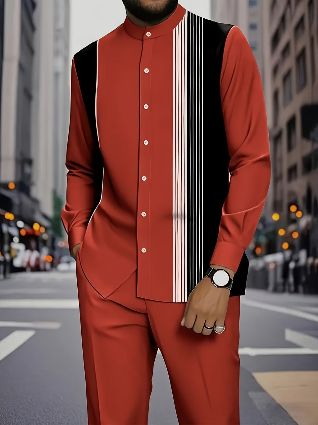 Men’s African-Inspired Red Striped Suit Set – Stand Collar Long Sleeve Shirt & Pants, Breathable Stretch Knit, Wrinkle-Resistant Spring/Fall Outfit