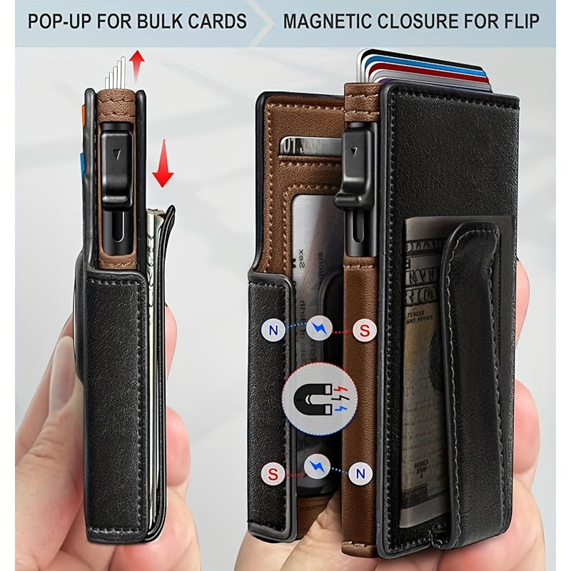 Men’s RFID Blocking Anti-Theft Smart Wallet – Black Pop-Up Street Wallet with Magnetic Closure, AirTag/Tracker Compatible, Slide Pocket & Pickpocket-Proof Design