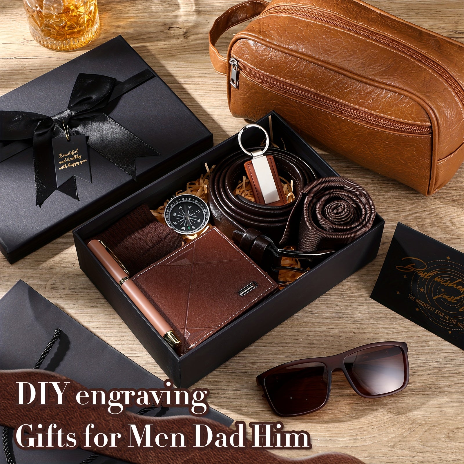 12-Piece Men’s & Father’s Day Gift Set – Brown PU Leather Wallet, Toiletry Bag, Tie, Socks, Belt, Keychain, Glasses, Pen & Compass in Gift Box